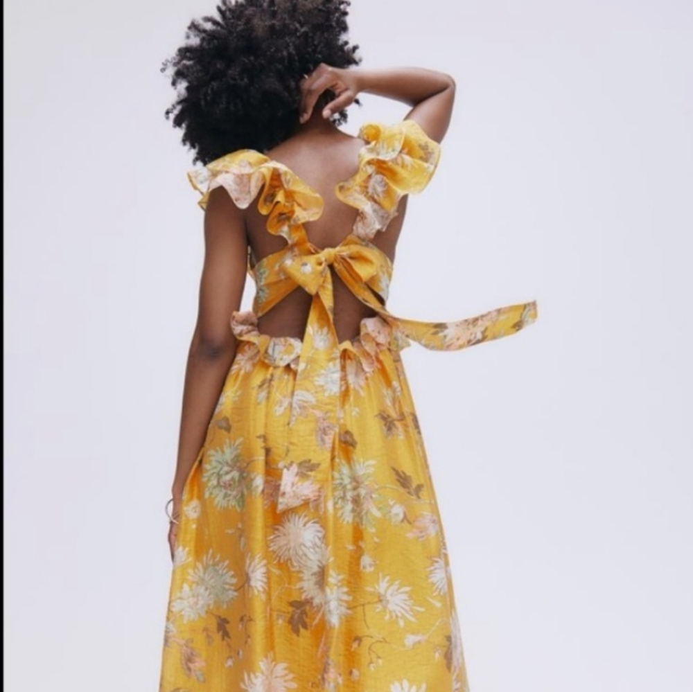 H&M Conscious Lyocell Ruffle Mustard Mido Dress Size Medium